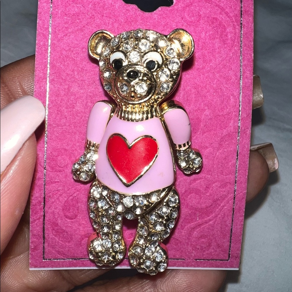 Gold Teddy Bear Pin. With Rhinestone and Hearts